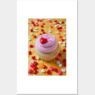 Pink cupcake with candy hearts Posters and Art